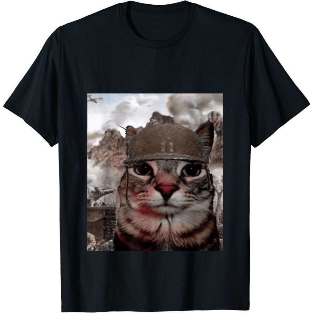 Thousand Yard Stare Funny Soldier Cat Meme Retro Graphic T-Shirt